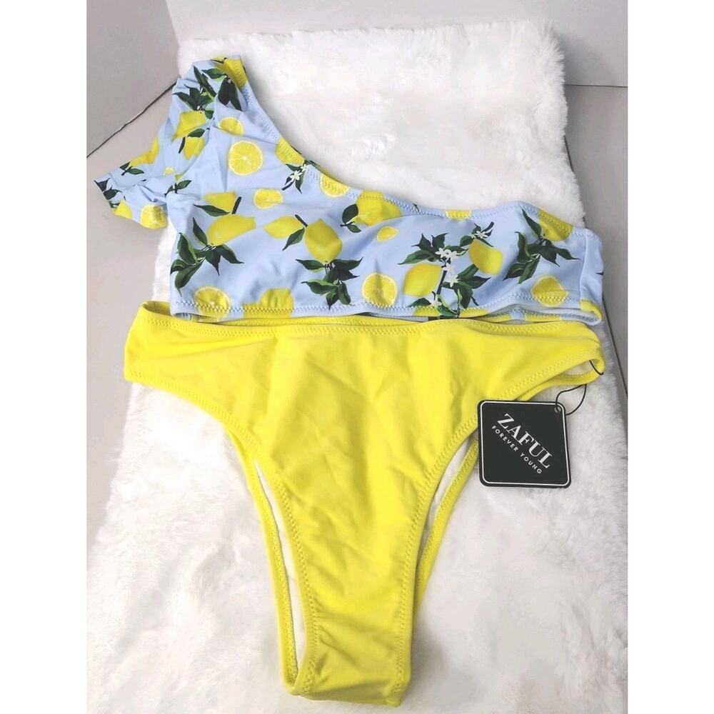 Women's Zaful 2 Piece Bathing Suit Yellow & Blue Lemons ~Size Med US 6